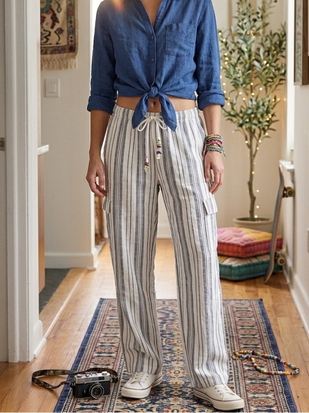 Roxy Women's Striped Wide-Leg Cargo Pants - White & Blue